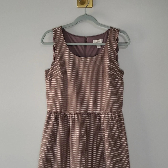 Loft Dress 8 Sleeveless Scalloped Tan White Gingham Plaid Office Career Wedding - Picture 2 of 12